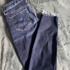 Dark Blue Women's Raw Hem Mother Jeans